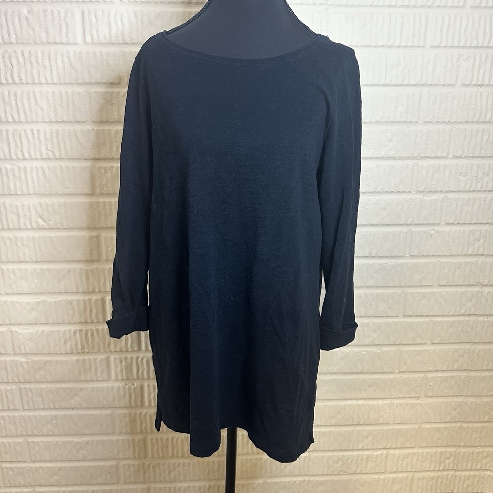 Lilla P 3/4 Rolled Sleeve Black 100% Cotton Tunic Top Sz M Minimalist‎ Boat Neck